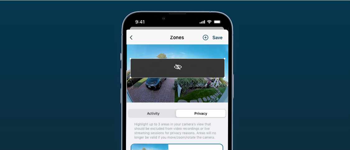 Ecranul unui telefon mobil arata optiunile de confidentialitate ale unei camere de securitate pentru exterior Arlo Essential 2K
